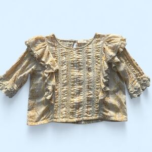 LoveShackFancy Yellow Floral Cotton Ruffle Blouse Eyelet XS
